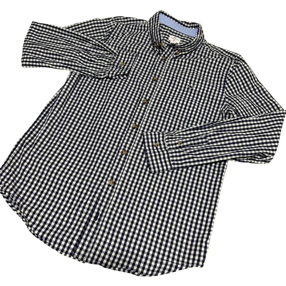 Vineyard Vines Button Down Boys L (12/14) Navy Blue Gingham Whale Logo Shirt